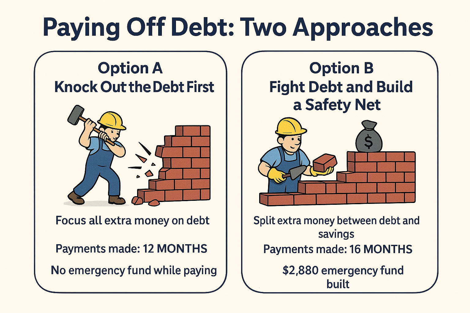 Comparison of two debt payoff strategies: one focused on knocking out debt quickly, the other balancing debt reduction with emergency savings