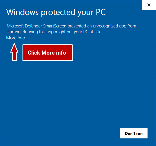 Windows Defender Smartscreen before clicking More info