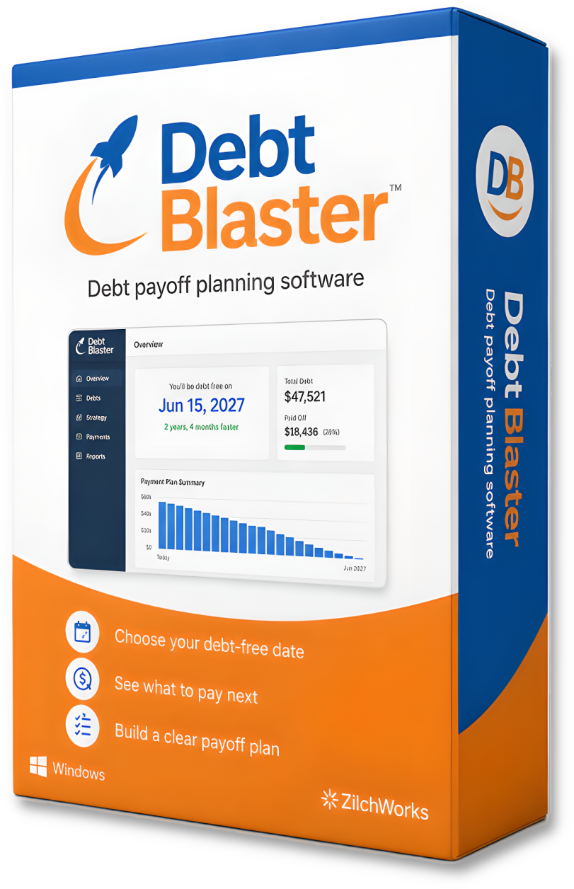 Debt Blaster debt payoff software for Windows box shot