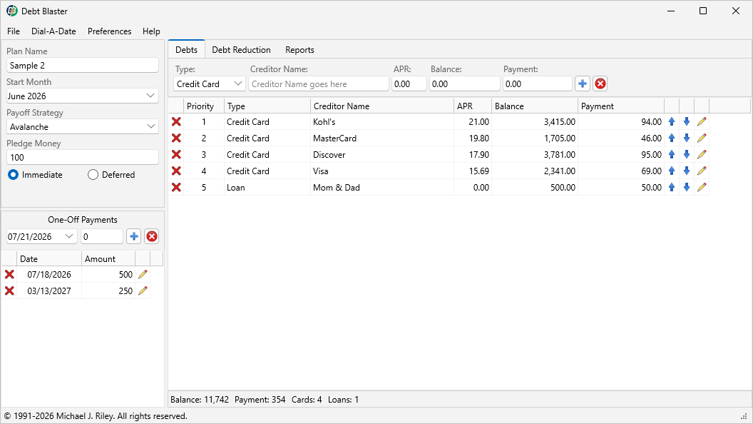 Current Debt Blaster debt payoff software interface
