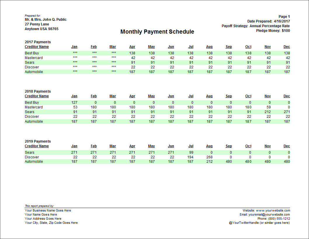 Debt Manager Professional App Monthly Payment Schedule