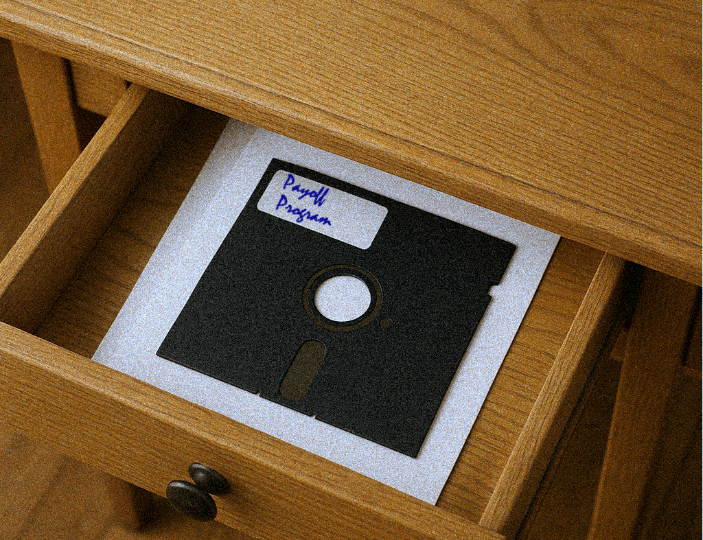 Floppy disk in a desk drawer.