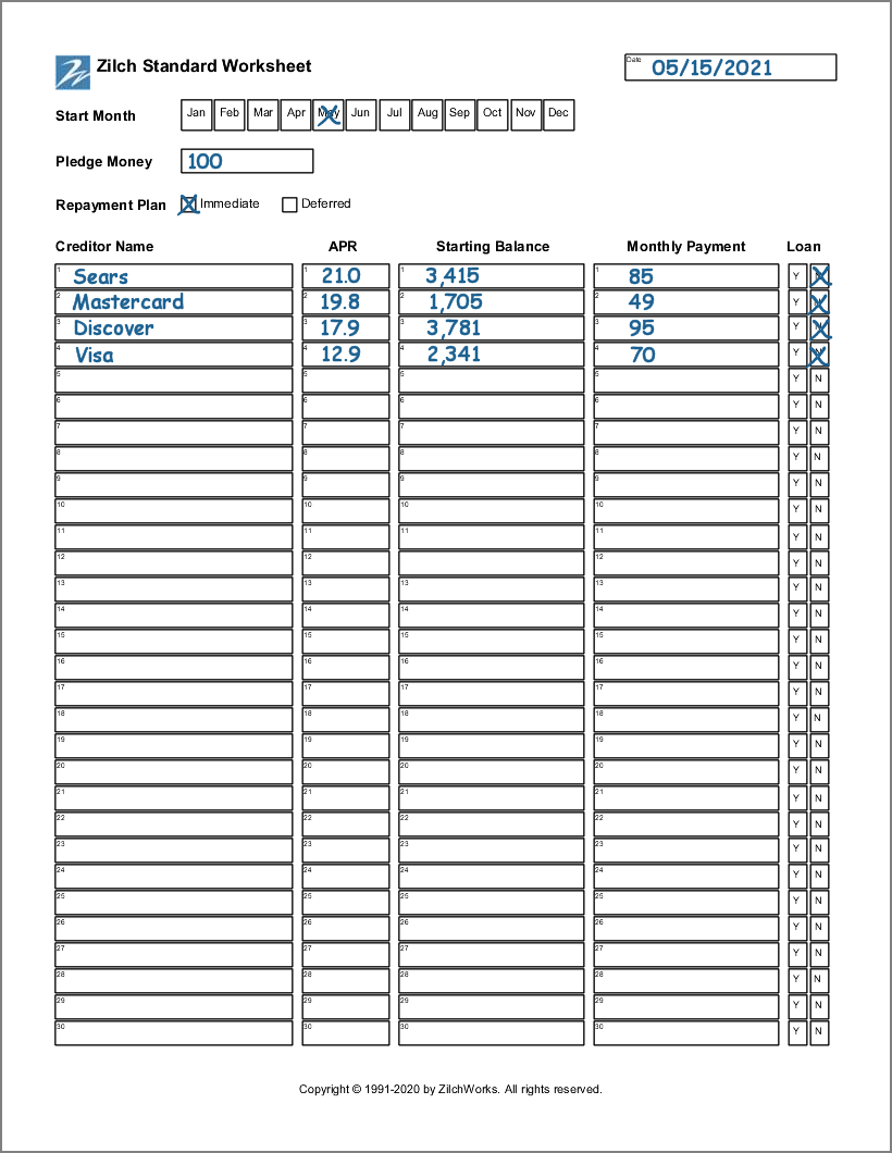 Example of a completed Zilch Standard worksheet
