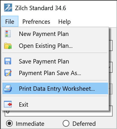 Print Data Entry Worksheet option from the Zilch Standard main menu