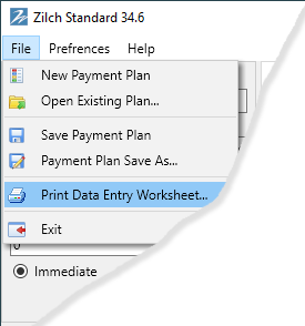 Print Worksheet option from the Zilch Standard main menu