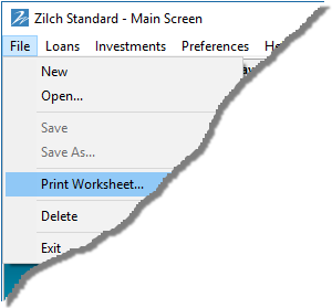 Print Worksheet option from the Zilch Standard main menu