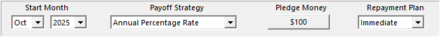 Plan settings panel showing plan name, start month, payoff strategy, and pledge money.