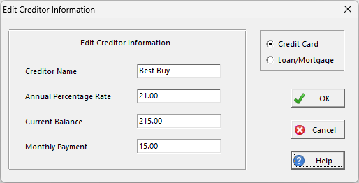 Debt data entry row with type, creditor name, APR, balance, and payment fields.