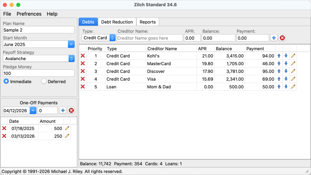 Preview of Zilch Standard for Mac showing the debts screen in light mode