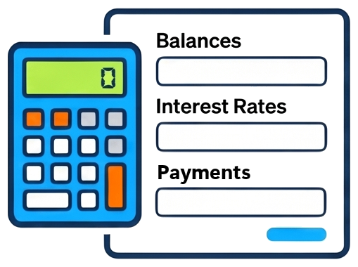 Enter debts, balances, interest rates, payments, and due dates into Debt Blaster