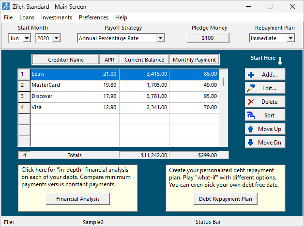 Original Zilch Standard debt payoff software interface