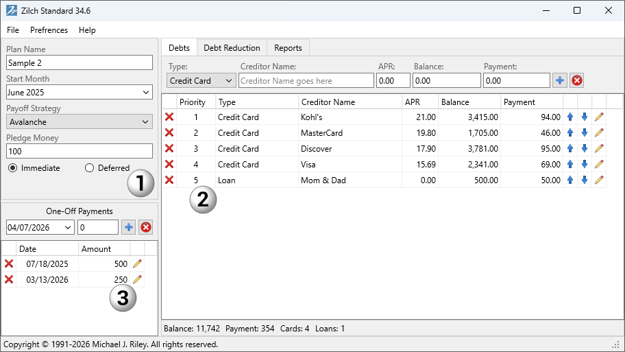 Zilch Standard screen showing three numbered areas: plan setup, debt entry, and One-Off Payments