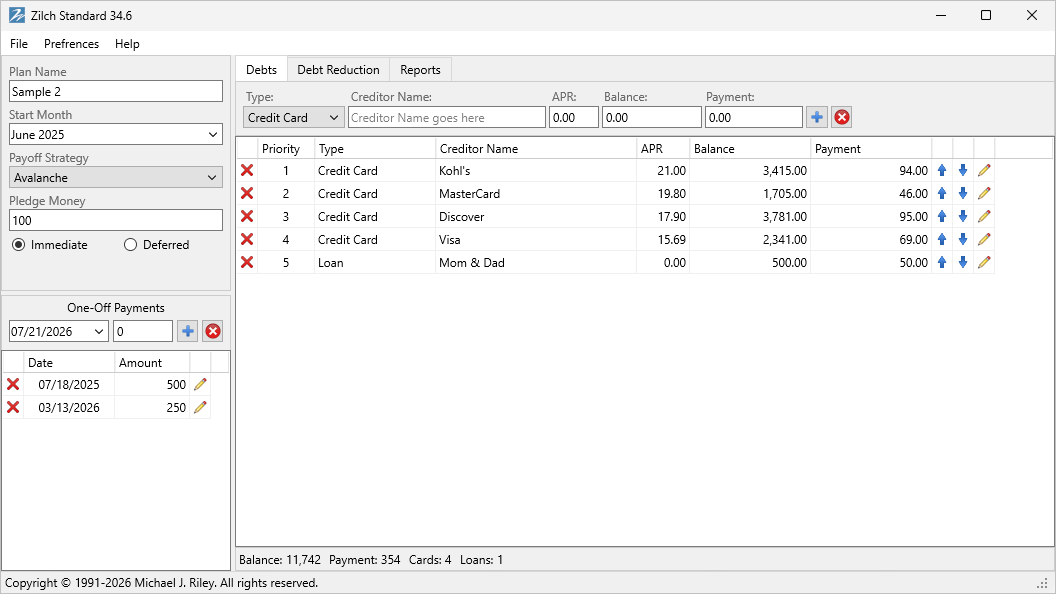 Updated Zilch Standard debt payoff software interface